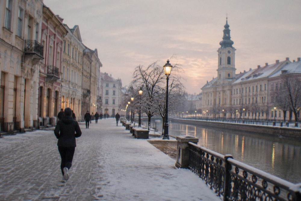 A snow-dusted pedestrian street with pastel buildings and a church tower in the evening
