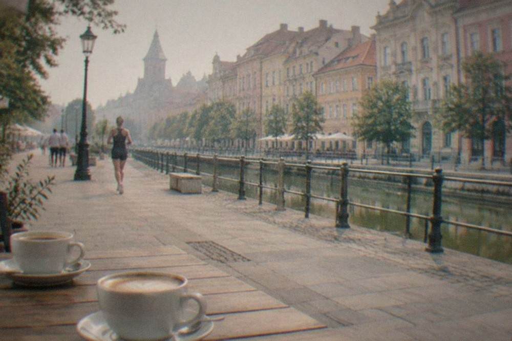 Two cups of coffee on a wooden table outside a cafe overlooking a pedestrian street