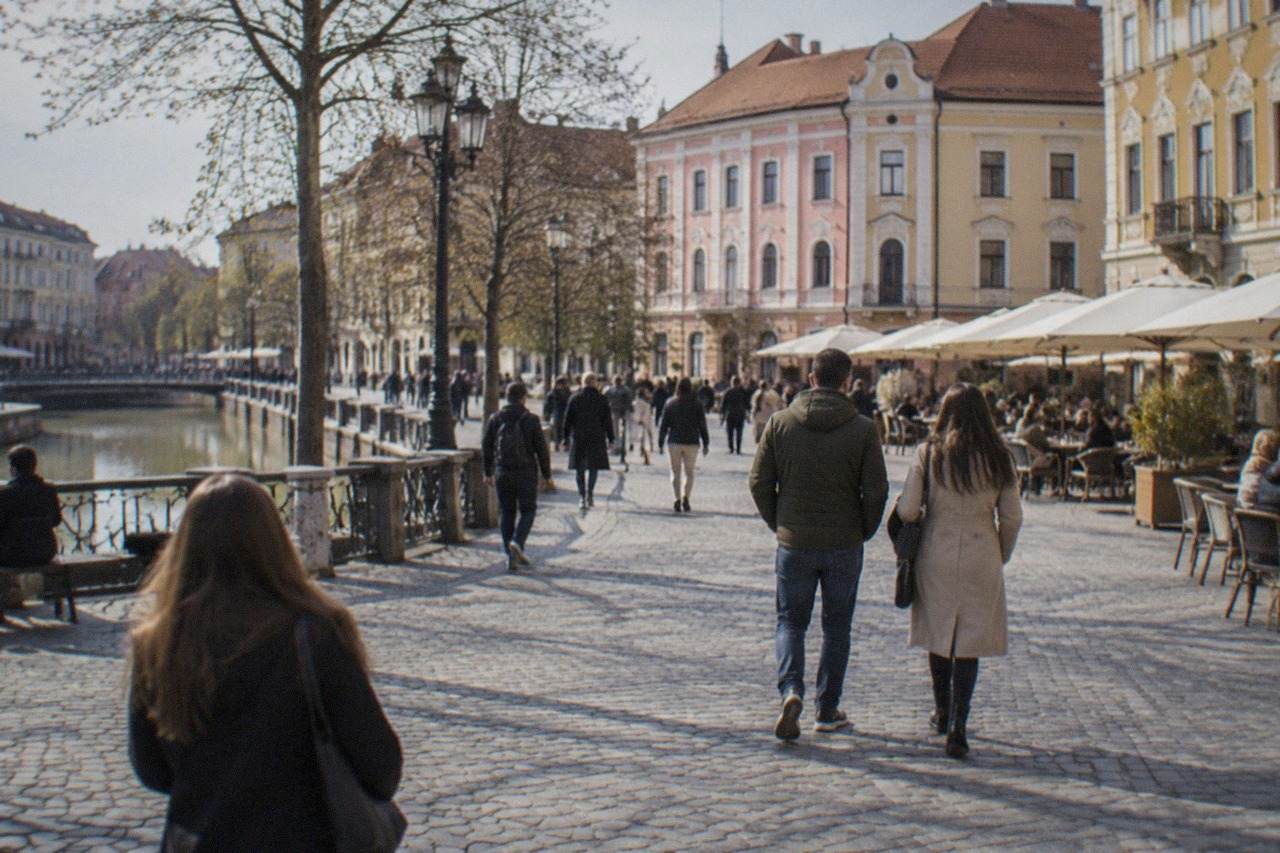 Visitors walking across a lively square in Timisoara lined with colorful baroque buildings and outdoor cafes