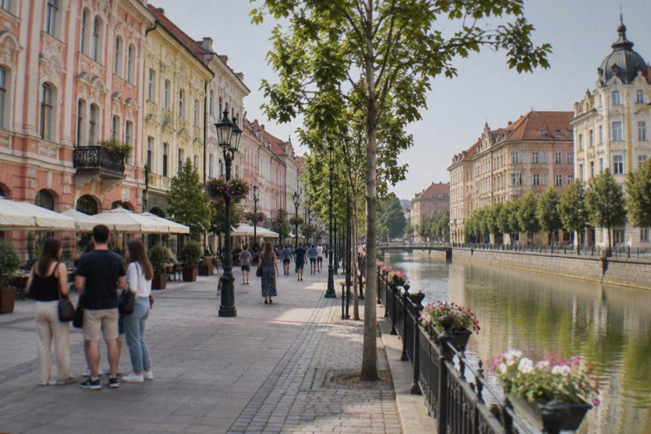 People conversing on a colorful pedestrian street lined with Secession-style buildings in a Romanian city