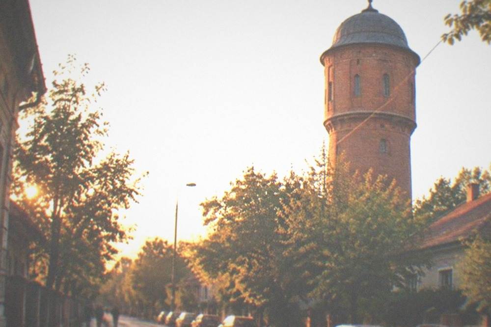 Red brick water tower rising above trees in a quiet historic neighborhood