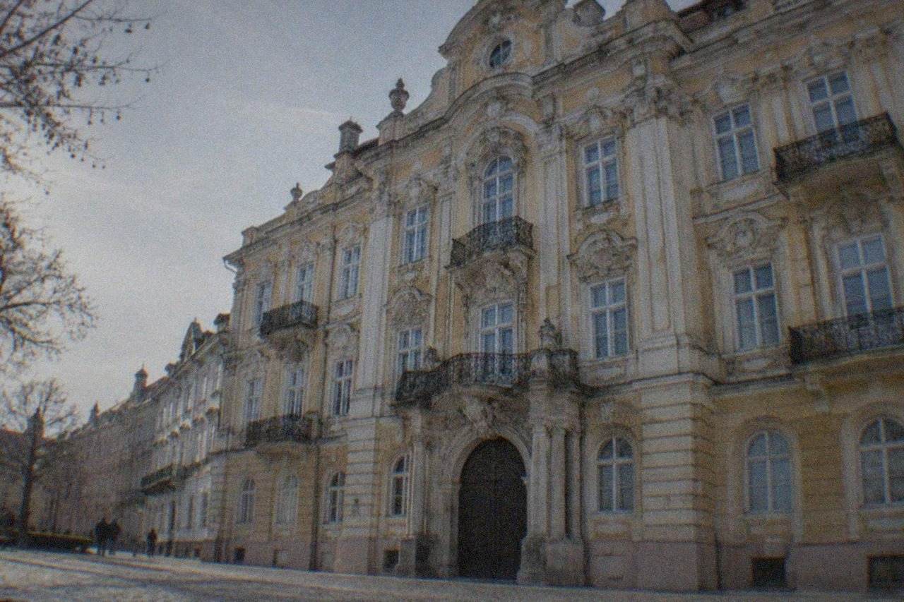 The ornate Baroque Palace facade on Union Square in Timisoara seen from the square below