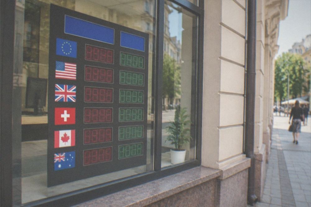 Exchange office window in Timisoara displaying currency rate boards beside a pedestrian street