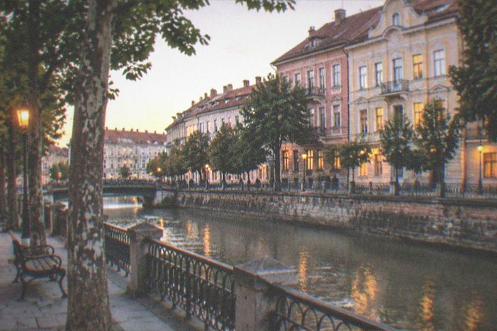 A quiet evening street in a historic Timisoara neighborhood with lit windows and trees