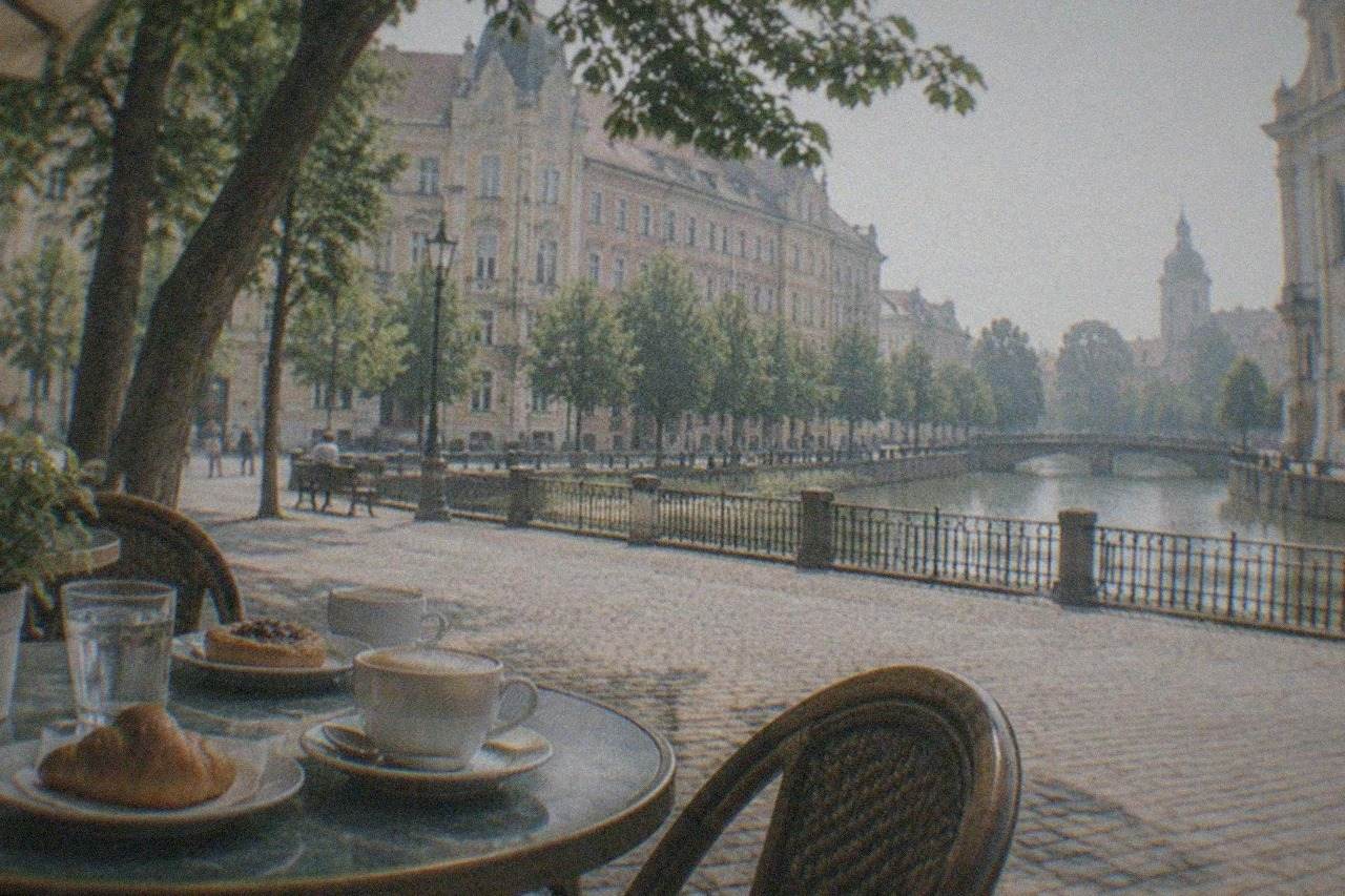 An outdoor cafe table in a Timisoara square with coffee cups and pastry plates