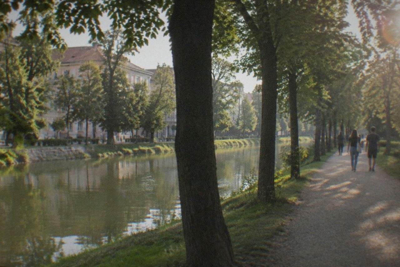 Tree-lined promenade along the Bega canal in Timisoara with people walking on a sunny afternoon