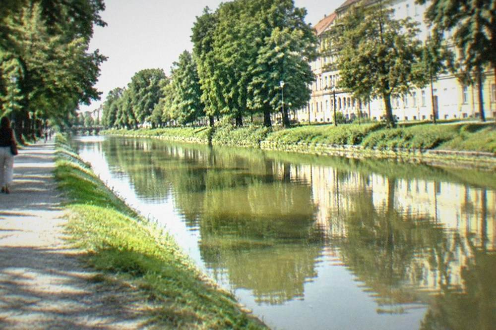 Street lamps and lit facades reflecting in the calm water of the Bega canal at dusk