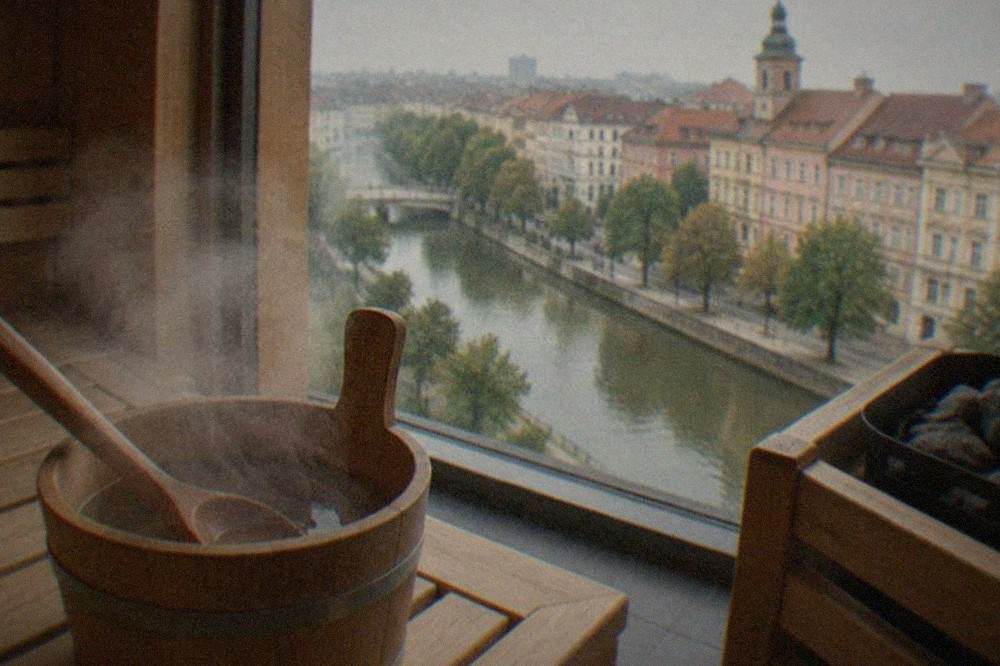 Steam rising from a sauna bucket with ladle inside a hotel spa in Timisoara