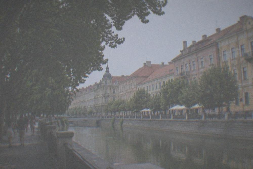 People strolling under trees along a canal-side promenade in summer