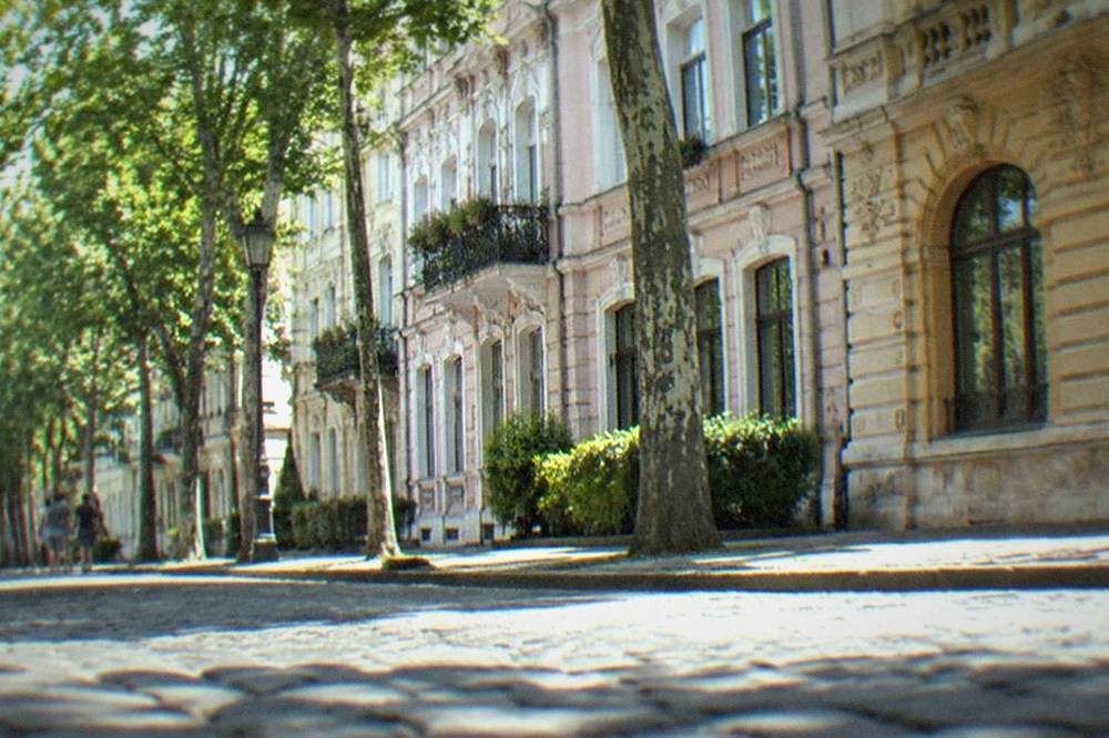 A tree-lined residential street with ornate early twentieth-century facades
