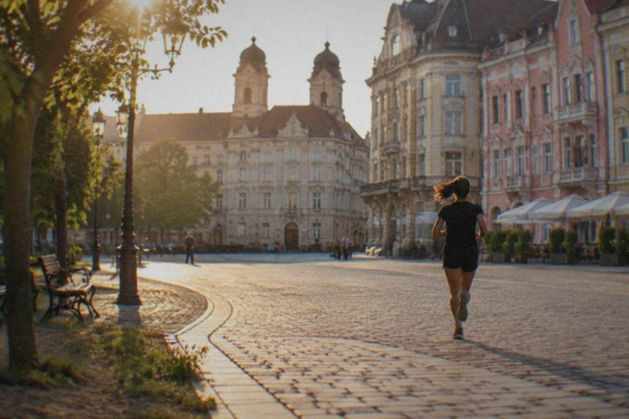 Pastel-colored baroque buildings around a European city square on a sunny morning