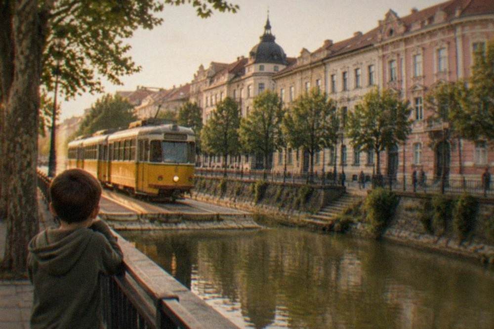 A child watching a yellow Timisoara tram pass a tree-lined boulevard
