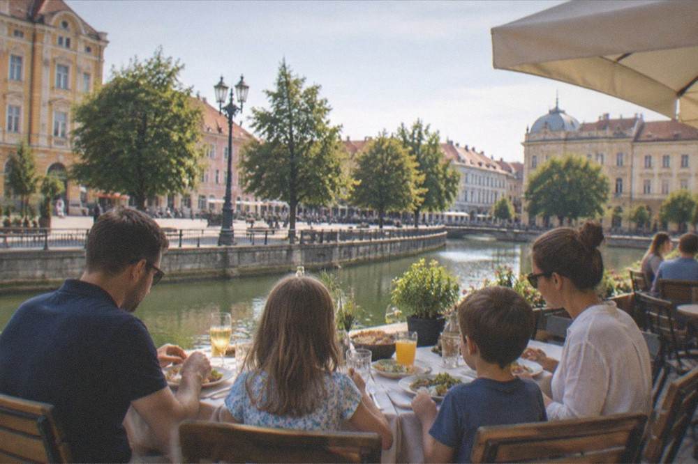 A family sharing a long lunch on a terrace of colored buildings in a Timisoara square