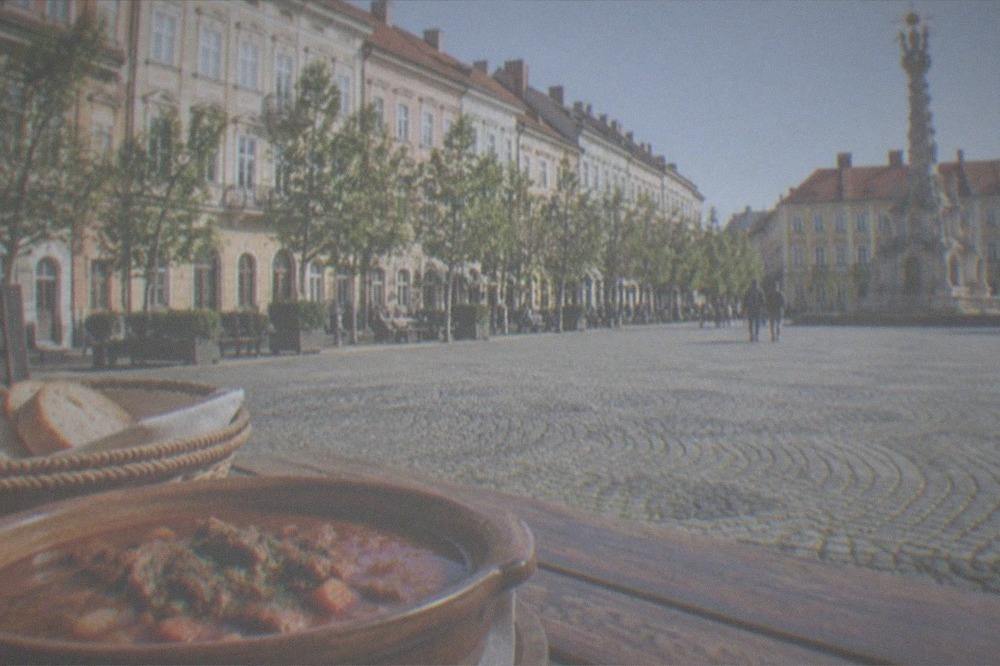 Rustic restaurant plate of stew with bread on a wooden table