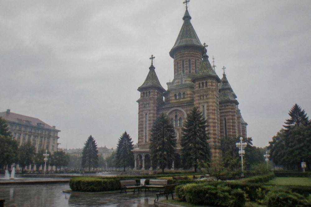 The Orthodox Metropolitan Cathedral in Timisoara seen across Victory Square