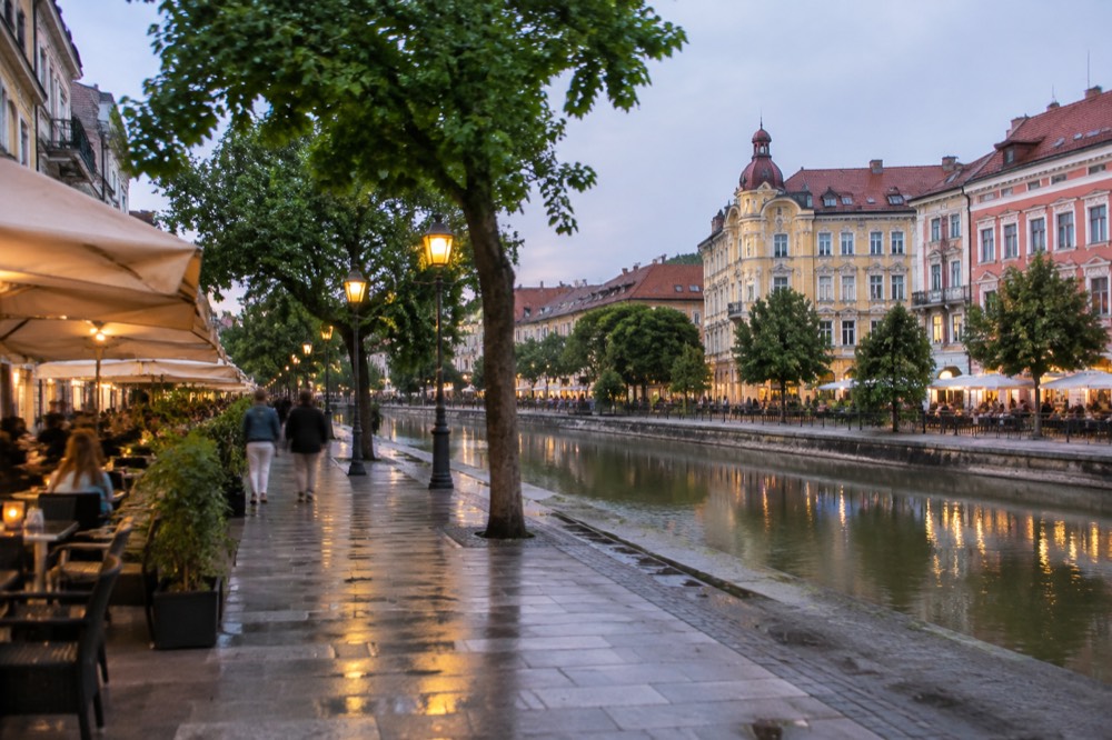 Evening lights and cafe terraces on a pedestrian street in central Timisoara